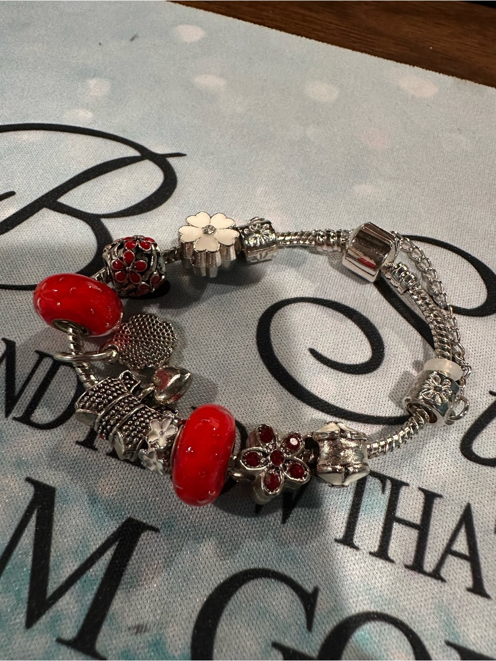 Child's Silver Charm Bracelet with Red Glass Beads - 103